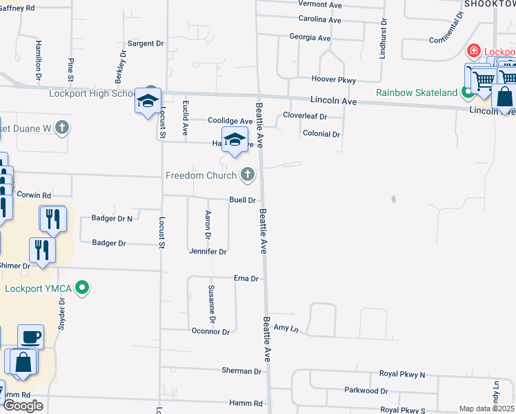 map of restaurants, bars, coffee shops, grocery stores, and more near 6418 Buell Drive in Lockport