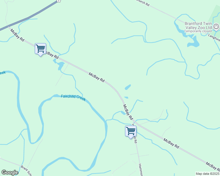 map of restaurants, bars, coffee shops, grocery stores, and more near 85 McBay Road in Brantford