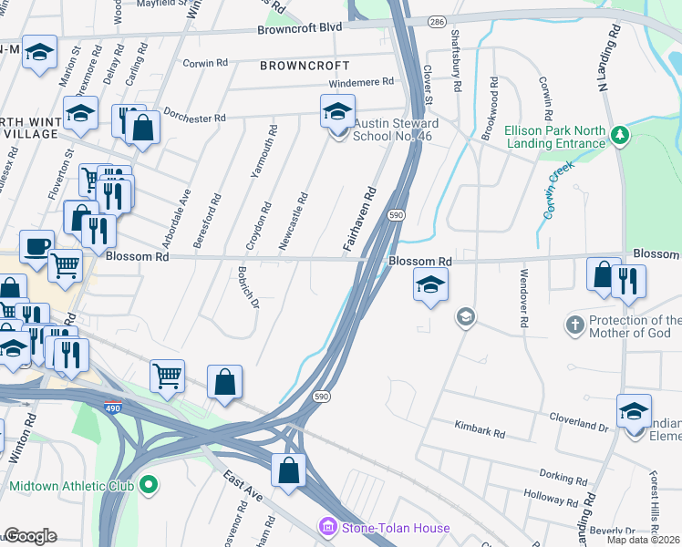 map of restaurants, bars, coffee shops, grocery stores, and more near 1309 Blossom Road in Rochester