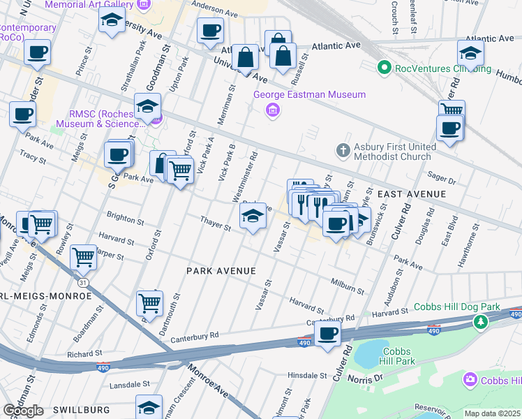 map of restaurants, bars, coffee shops, grocery stores, and more near in Rochester