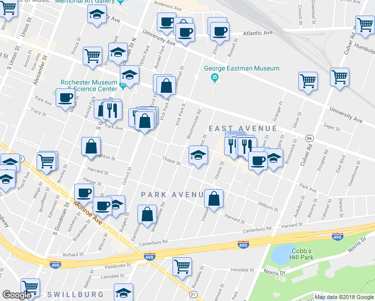 map of restaurants, bars, coffee shops, grocery stores, and more near 139 Westminster Road in Rochester