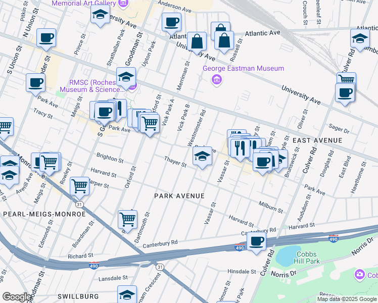 map of restaurants, bars, coffee shops, grocery stores, and more near 139 Westminster Road in Rochester