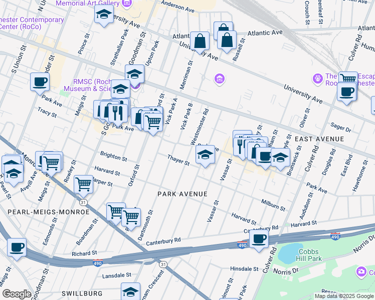 map of restaurants, bars, coffee shops, grocery stores, and more near 139 Westminster Road in Rochester