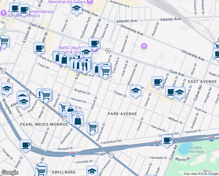 map of restaurants, bars, coffee shops, grocery stores, and more near 33 Rutgers Street in Rochester