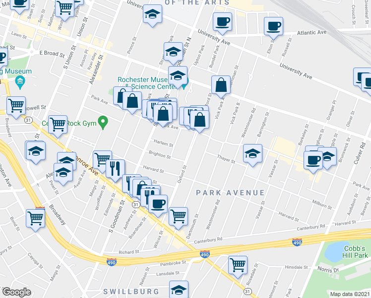 map of restaurants, bars, coffee shops, grocery stores, and more near 333 Oxford Street in Rochester