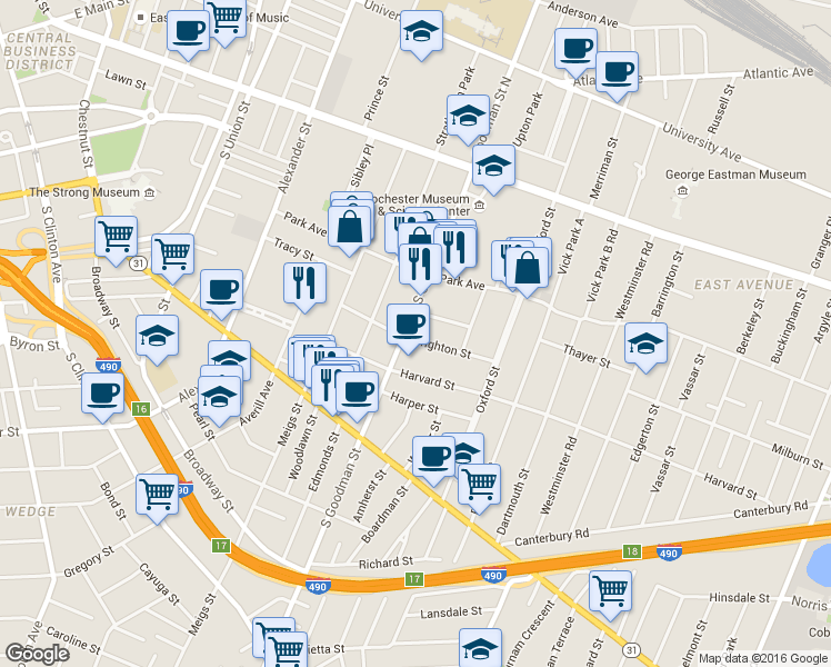 map of restaurants, bars, coffee shops, grocery stores, and more near 224 South Goodman Street in Rochester