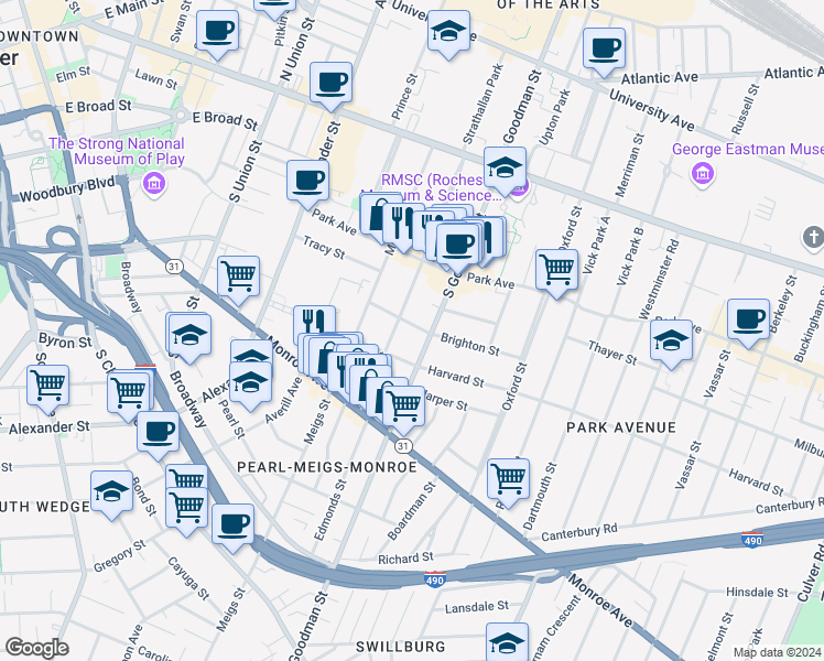map of restaurants, bars, coffee shops, grocery stores, and more near 24 Rowley Street in Rochester