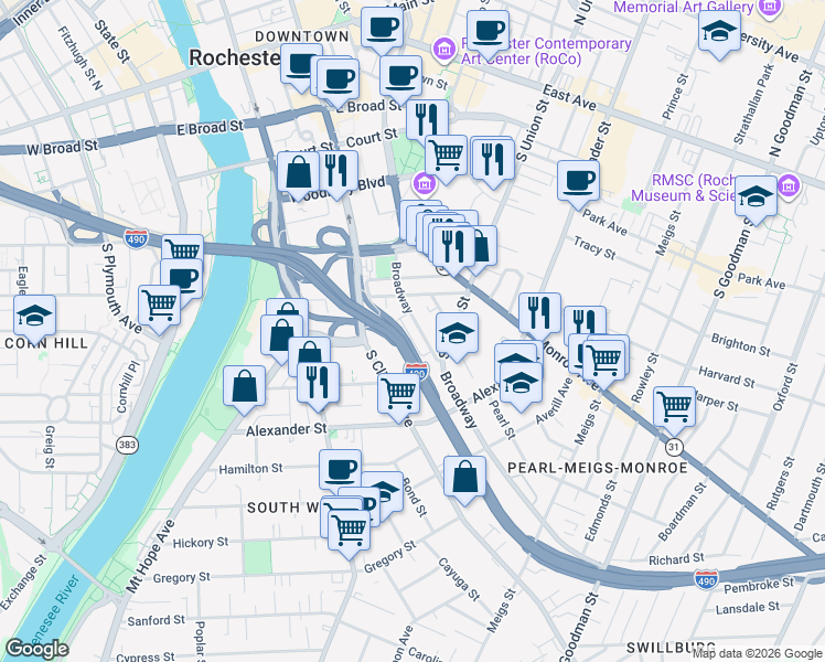 map of restaurants, bars, coffee shops, grocery stores, and more near 379 Broadway in Rochester