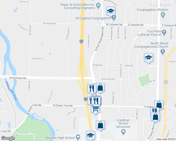 map of restaurants, bars, coffee shops, grocery stores, and more near 7275 North Port Washington Road in Glendale