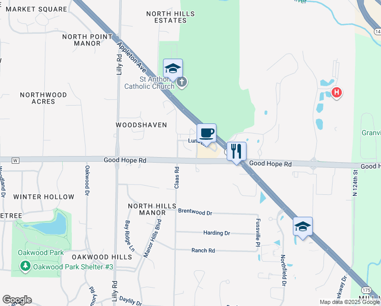 map of restaurants, bars, coffee shops, grocery stores, and more near W134N7247 Nelson Lane in Menomonee Falls