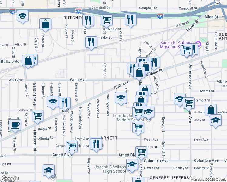 map of restaurants, bars, coffee shops, grocery stores, and more near 107 Chili Avenue in Rochester