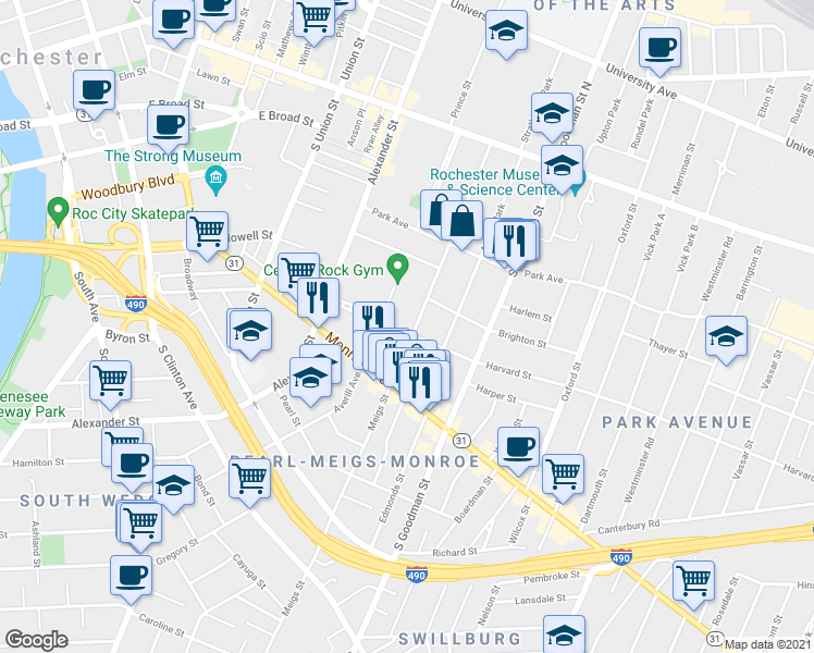 map of restaurants, bars, coffee shops, grocery stores, and more near 281 Meigs Street in Rochester