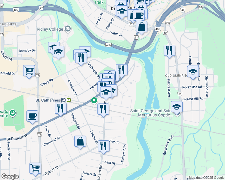 map of restaurants, bars, coffee shops, grocery stores, and more near 145 Saint Paul Crescent in St. Catharines