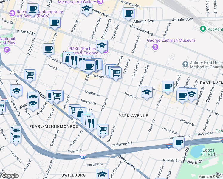 map of restaurants, bars, coffee shops, grocery stores, and more near 330 Oxford Street in Rochester