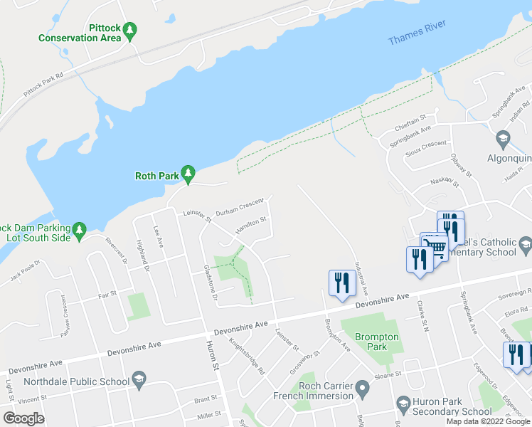 map of restaurants, bars, coffee shops, grocery stores, and more near 581 Hamilton Street in Woodstock
