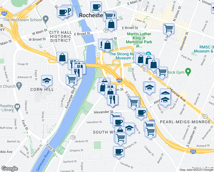 map of restaurants, bars, coffee shops, grocery stores, and more near 1 Mount Hope Avenue in Rochester
