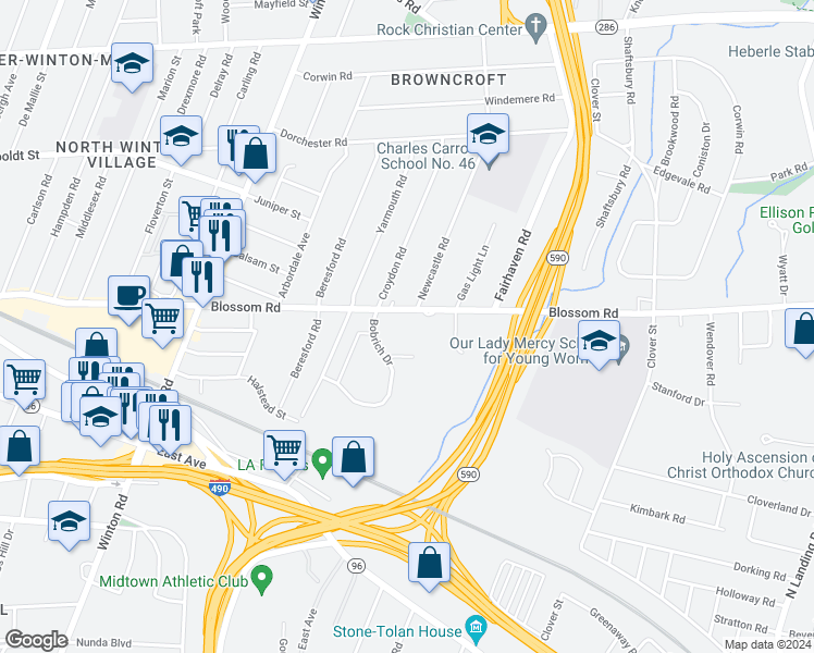 map of restaurants, bars, coffee shops, grocery stores, and more near 989 Blossom Road in Rochester