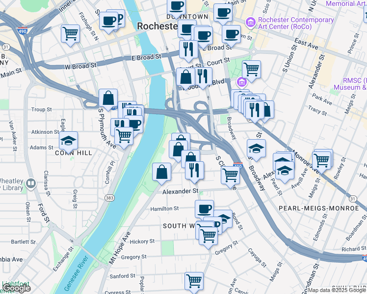 map of restaurants, bars, coffee shops, grocery stores, and more near 1 Mount Hope Avenue in Rochester