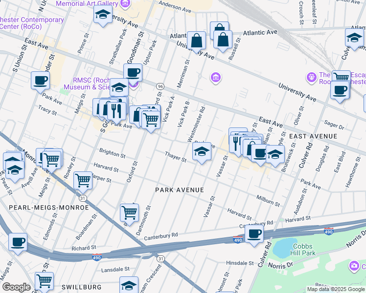 map of restaurants, bars, coffee shops, grocery stores, and more near 143 Westminster Road in Rochester