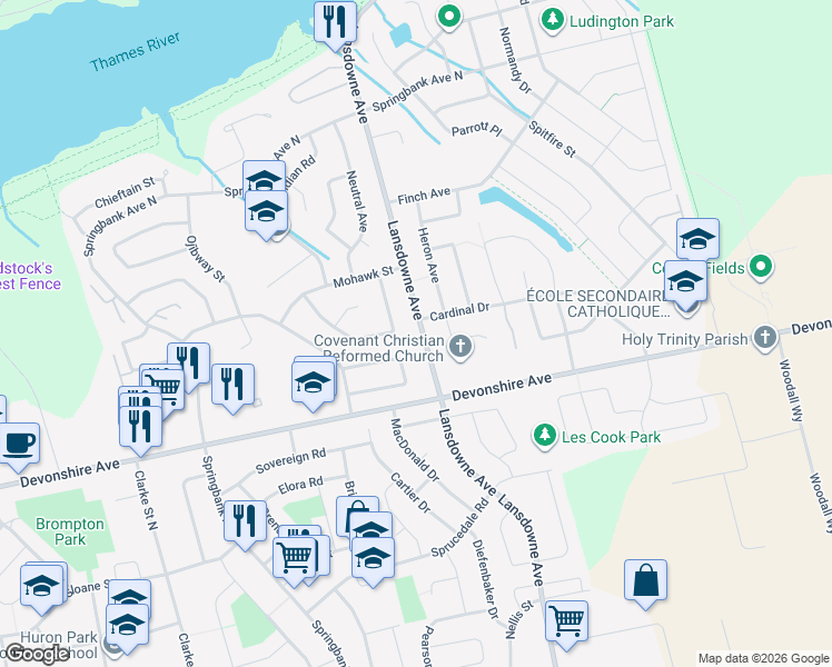 map of restaurants, bars, coffee shops, grocery stores, and more near 1130 Iroquois Crescent in Woodstock