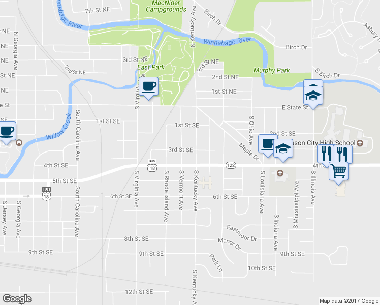 map of restaurants, bars, coffee shops, grocery stores, and more near 945 3rd Street Southeast in Mason City