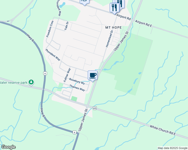 map of restaurants, bars, coffee shops, grocery stores, and more near 3 Thames Way in Hamilton