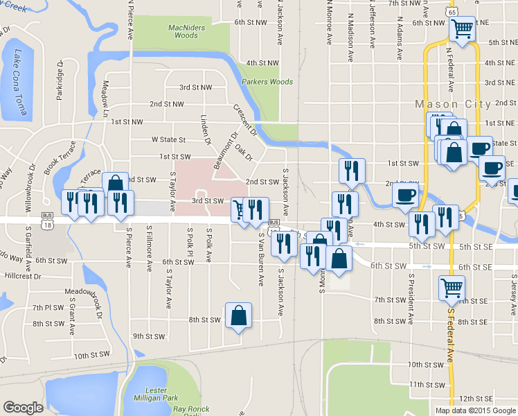 map of restaurants, bars, coffee shops, grocery stores, and more near 739 3rd Street Southwest in Mason City