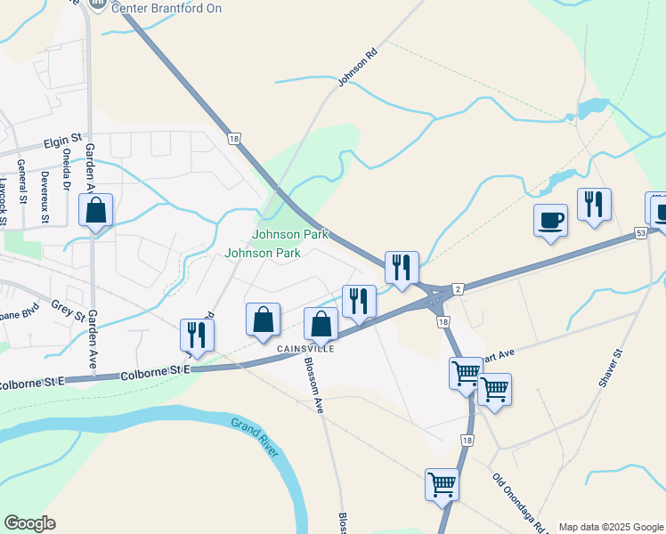 map of restaurants, bars, coffee shops, grocery stores, and more near 59 Hansford Drive in Brantford