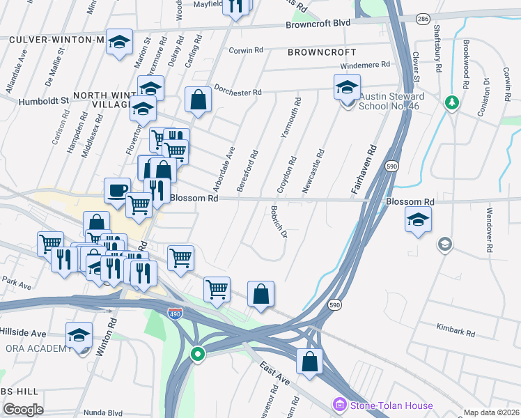 map of restaurants, bars, coffee shops, grocery stores, and more near 192 Yarmouth Road in Rochester