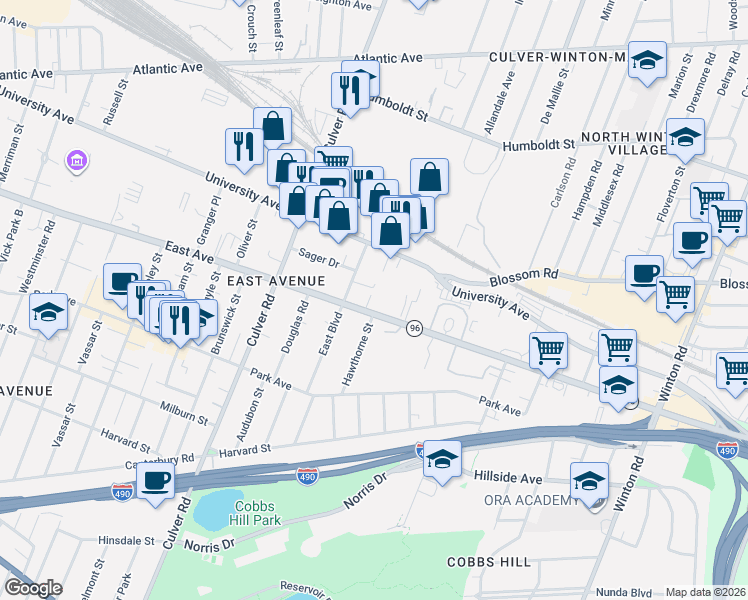 map of restaurants, bars, coffee shops, grocery stores, and more near 1350 East Avenue in Rochester