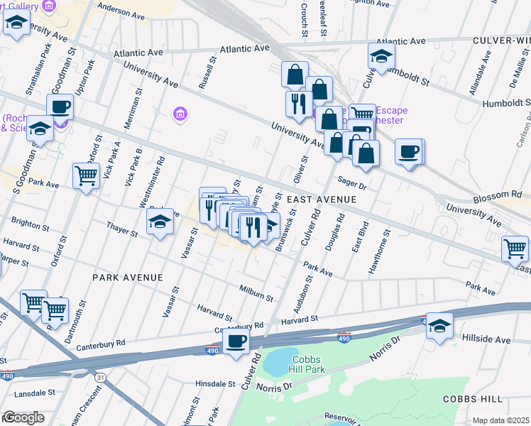 map of restaurants, bars, coffee shops, grocery stores, and more near 10 Buckingham Street in Rochester