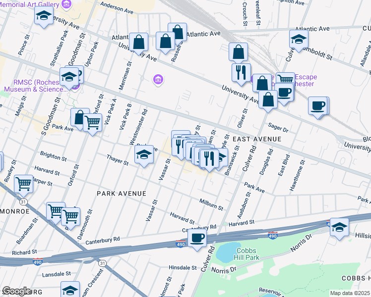 map of restaurants, bars, coffee shops, grocery stores, and more near 636 Park Avenue in Rochester