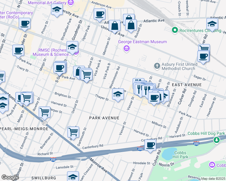 map of restaurants, bars, coffee shops, grocery stores, and more near in Rochester