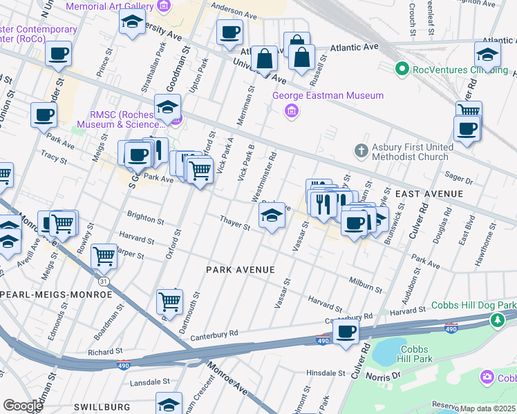 map of restaurants, bars, coffee shops, grocery stores, and more near 139 Westminster Road in Rochester