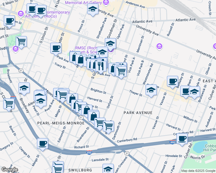 map of restaurants, bars, coffee shops, grocery stores, and more near 333 Oxford Street in Rochester