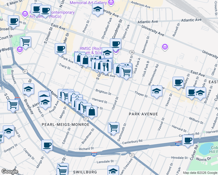 map of restaurants, bars, coffee shops, grocery stores, and more near 49 Harlem Street in Rochester