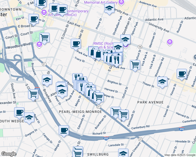map of restaurants, bars, coffee shops, grocery stores, and more near 24 Rowley Street in Rochester