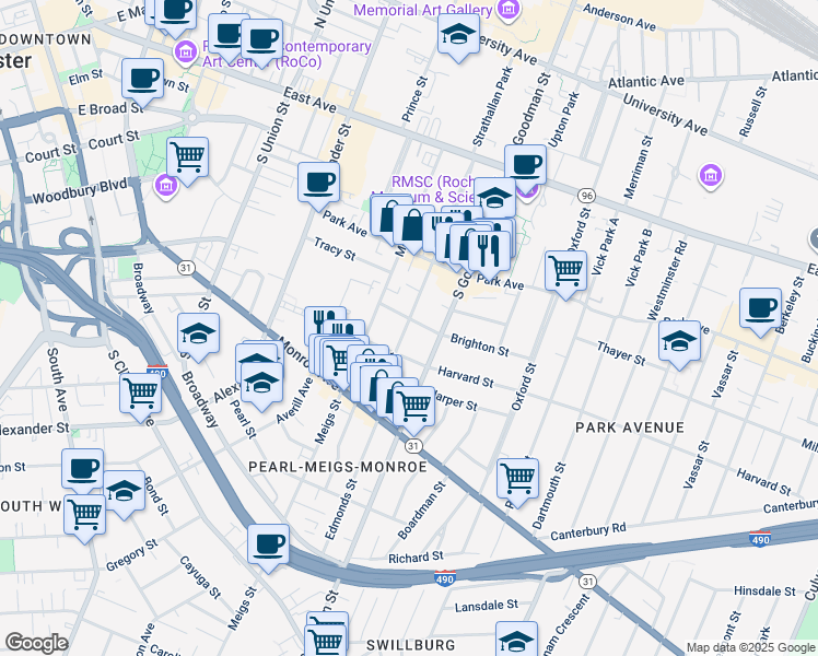 map of restaurants, bars, coffee shops, grocery stores, and more near 24 Rowley Street in Rochester
