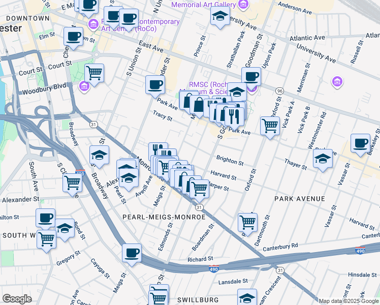 map of restaurants, bars, coffee shops, grocery stores, and more near 24 Rowley Street in Rochester