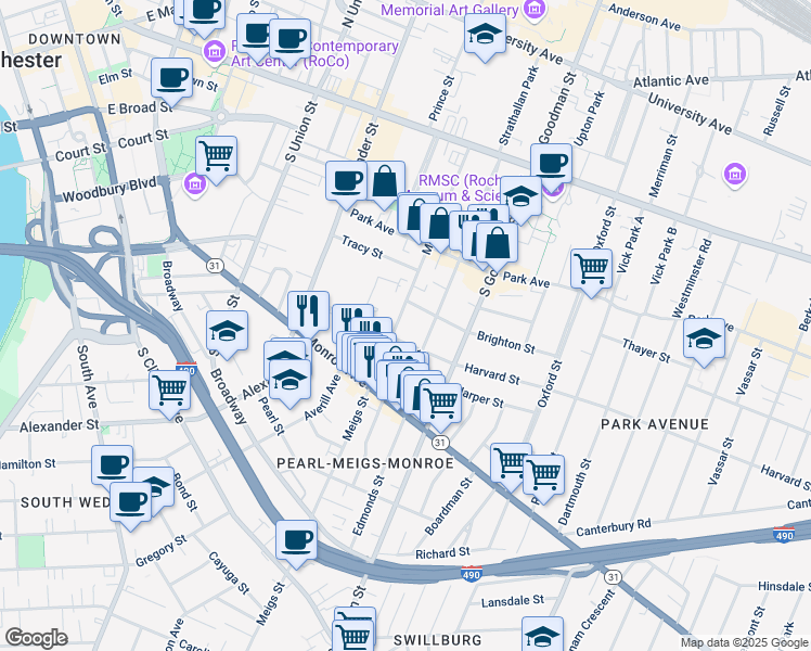 map of restaurants, bars, coffee shops, grocery stores, and more near 260 Meigs Street in Rochester