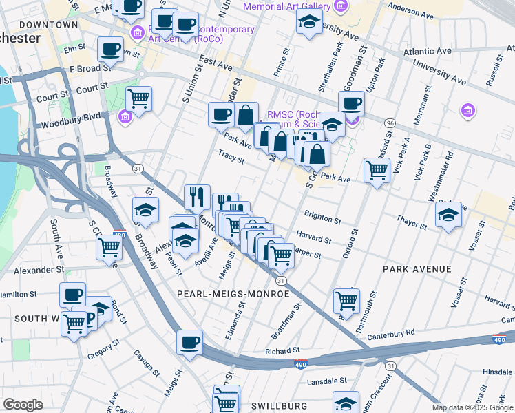 map of restaurants, bars, coffee shops, grocery stores, and more near 260 Meigs Street in Rochester