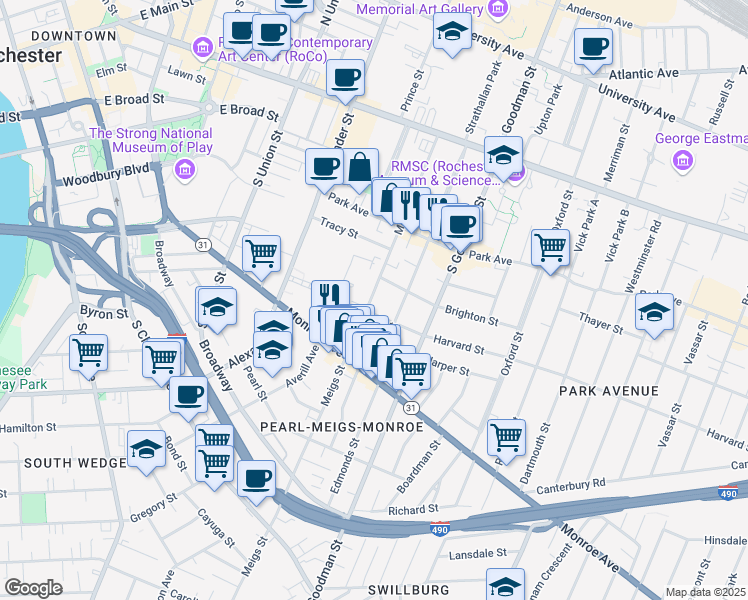 map of restaurants, bars, coffee shops, grocery stores, and more near 260 Meigs Street in Rochester