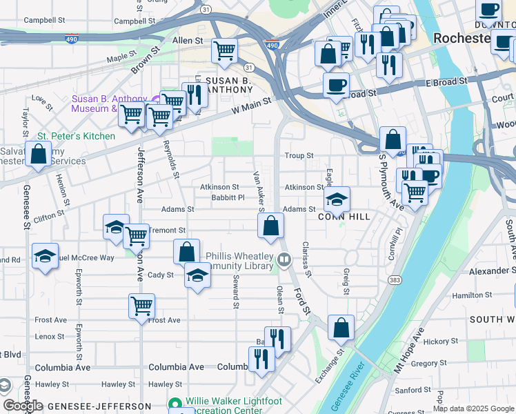 map of restaurants, bars, coffee shops, grocery stores, and more near in Rochester