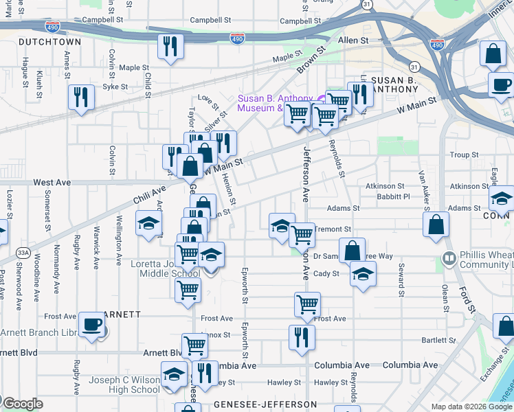 map of restaurants, bars, coffee shops, grocery stores, and more near 133 Clifton Street in Rochester