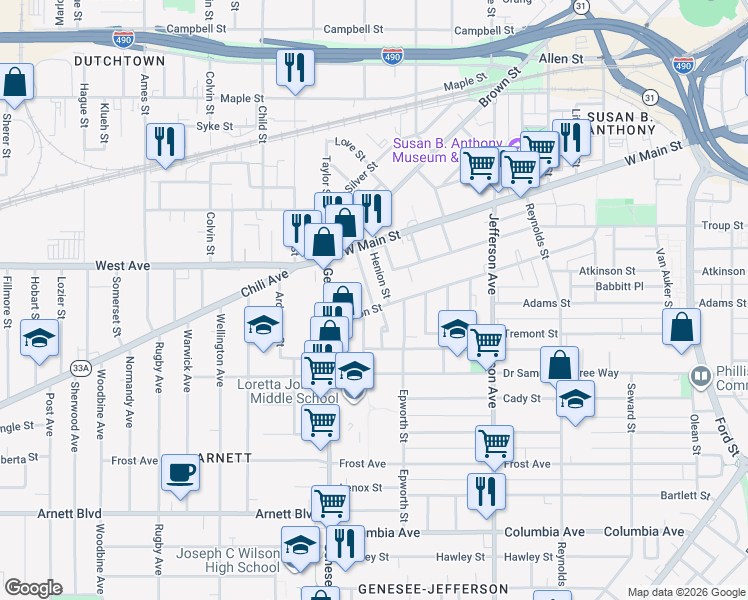 map of restaurants, bars, coffee shops, grocery stores, and more near 28 Churchlea Place in Rochester