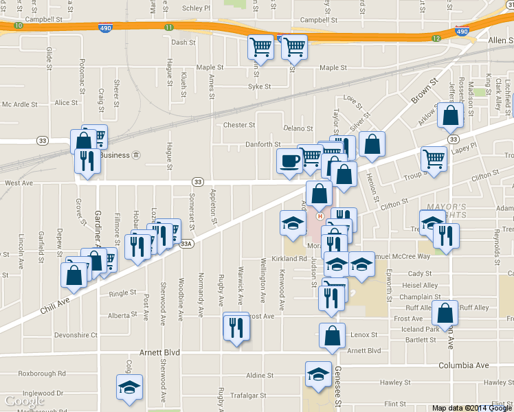 map of restaurants, bars, coffee shops, grocery stores, and more near 41 Darien Street in Rochester