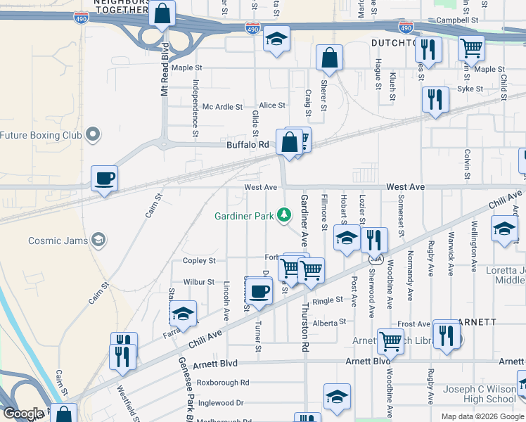 map of restaurants, bars, coffee shops, grocery stores, and more near 45 Depew Street in Rochester
