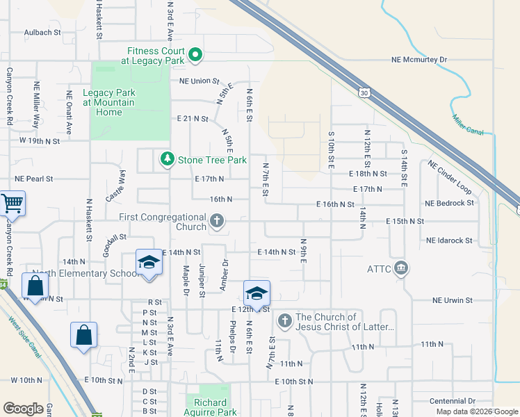 map of restaurants, bars, coffee shops, grocery stores, and more near 1605 North 7th East in Mountain Home