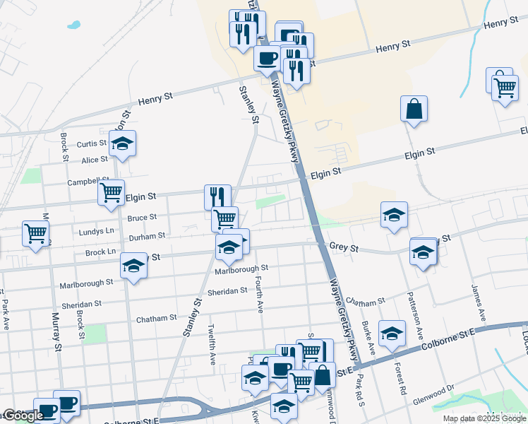 map of restaurants, bars, coffee shops, grocery stores, and more near 20 McConkey Crescent in Brantford