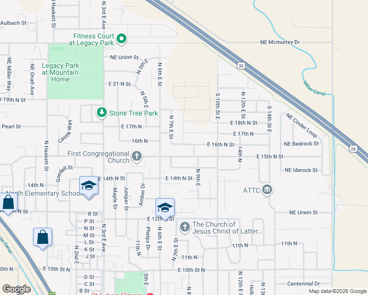 map of restaurants, bars, coffee shops, grocery stores, and more near 845 East 16th North Street in Mountain Home